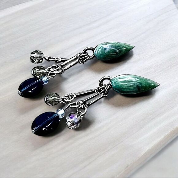 Vintage 90’s dangle earrings green enamel blue and crystal beading one of a kind - Picture 1 of 6